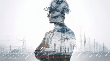 Poster - Double Exposure of Engineer with Blueprints and Industrial Landscape
