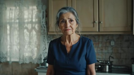Poster - A woman stands next to a kitchen counter with utensils and appliances.