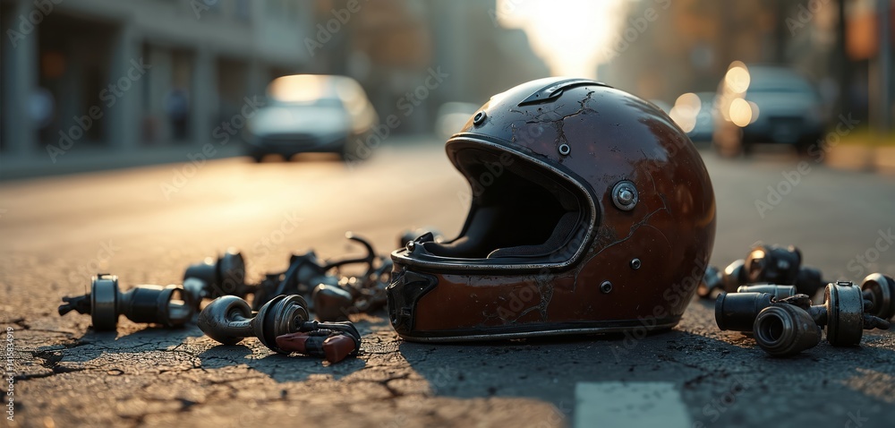 Motorcycle helmet road accident concept. Damaged helmet, vehicle parts ...