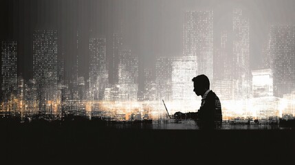 Poster - Side Profile of a Businessman Working Late with City Background