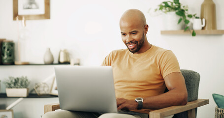 Poster - Remote work, laptop and man with smile for networking, research and planning with news source. Freelancer, male journalist and website with technology for article questions, information and home