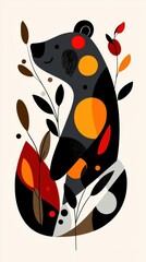 Poster - A bear is standing in a field of leaves and flowers