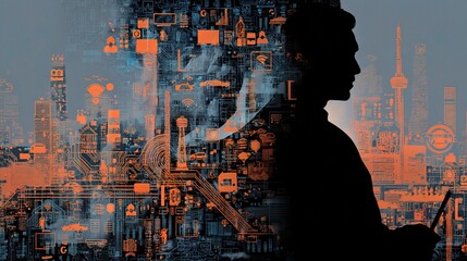 Poster - Cyberpunk Technician Silhouette with Futuristic Digital Background