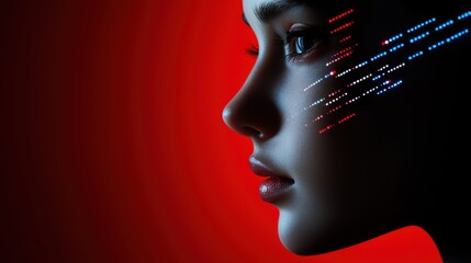 Poster - A woman's face is illuminated by a red background with blue and red lines