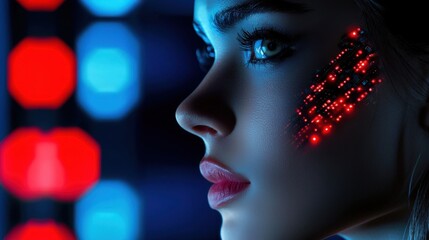Poster - A woman with a face covered in glowing red dots