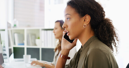 Poster - Phone call, business chat and woman in workplace, negotiation or networking with mobile discussion. Contact, conversation and corporate deal with feedback, communication and coworking office