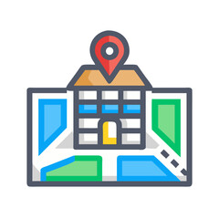 Poster - Building on Map with Location Pin Icon Illustration