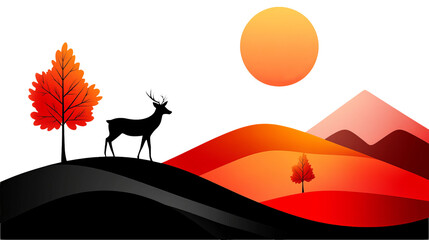 Poster - Digital illustration depicts a sunset with orange sun above red hills and stylized trees against a dark background.