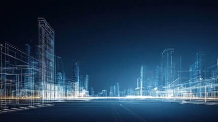 Poster - Futuristic Cityscape with Layered Glowing Blueprints and Architecture
