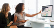 © peopleimages.com - Planning, meeting and business women on computer for digital layout, collaboration and research. Creative agency, discussion and people on PC with graphs, statistics and map for feedback on website