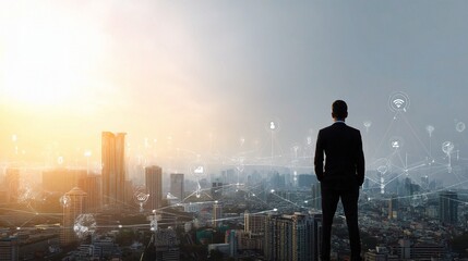 Poster - Businessman Overlooking Urban Landscape with Smart City Network