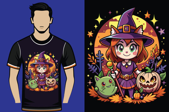 Halloween t-shirt design illustration cat witch 