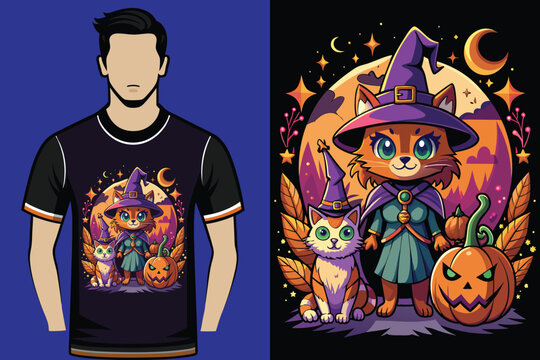 Halloween t-shirt design illustration cat witch 