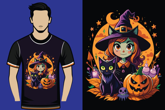 Halloween t-shirt design illustration cat witch 