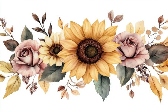 The image depicts a flower and leaf, with a set of flowers isolated on a white background, rendered in watercolor as a hand drawing of a sunflower and rose