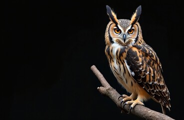eared owl sitting on a branch. bird of prey portrait with black background. wildlife photography, is