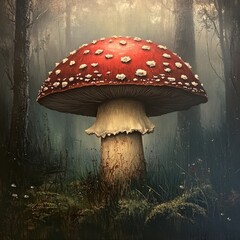 Poster - The interior natural design is enhanced by a forest acrylic painting of fly agaric on a green background and a red mushroom oil painting on canvas