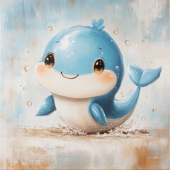 Poster - Inhabitants of the ocean, the blue whale is the subject of an acrylic interior painting that incorporates natural design elements and an animal oil painting on canvas