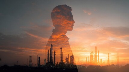 Poster - Silhouette of a Man in Double Exposure with a Sunset and Refinery