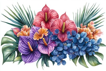  Exotic watercolor artwork composed of purple anthurium, pink orchid, and palm leaves in a botanical illustration style