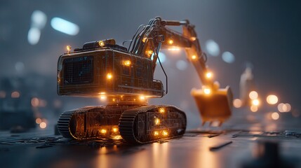 Poster - Futuristic AI Excavator Model with Glowing Sensors in Industrial Scene