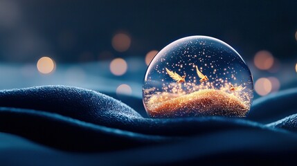 Wall Mural - a clear image shows a snowglobe with a bird inside, set on a blue blanket and illuminated by lights 