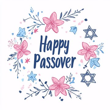 Happy Passover illustration with greeting text and floral decoration on the dark blue background. Vector illustration for the Jewish Easter celebration concept. Hand lettering calligraphy..