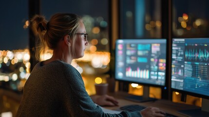 Poster - Woman Data Analyst Working Late with Dual Monitors and AI Graphics