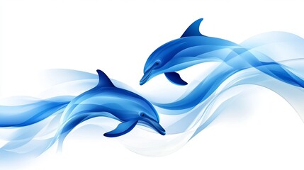 Poster - Two blue dolphins swim together amidst swirling abstract water patterns against a stark white background.