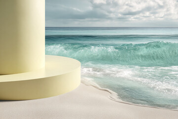 Poster - Pale yellow cylindrical podium on sandy beach, ocean waves in background, showcasing product display or free space for text or advertisement