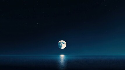 Wall Mural - moon rising high over serene ocean, water mirroring celestial luminance at midnight