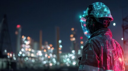Poster - Smart Factory Automation Scene at Night with Neon Circuits