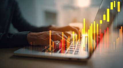 Poster - Businessman Analyzing Financial Stock Chart on Laptop at Office