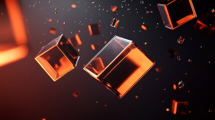 Poster - Ethereal Glass Boxes Hover in a Minimalistic Setting, Showcasing a Dynamic Contrast Between Solid Forms and Dissolving Particles Under Warm Light