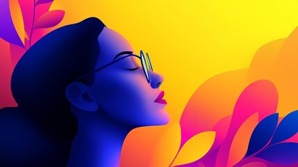 Poster - Woman wearing glasses looks upward in an illustration with flowing colorful shapes and bright yellow background.