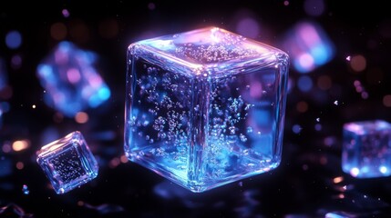 Aufkleber - Floating Blue Transparent Cube Surrounded by Smaller Cubes in a Surreal Black Space With Glossy Reflections of Purple and Pale Yellow Hues