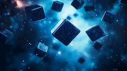 Poster - Floating Geometric Shapes Drift Through a Dark Cosmic Expanse Illuminated by Shades of Blue and Sparkling Stardust