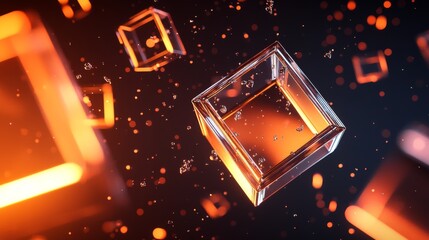 Poster - Suspended Glass Boxes Dissolve Into the Air Against a Dark Gradient Background, Embodying Contrast and Ethereal Beauty With Warm Orange Light