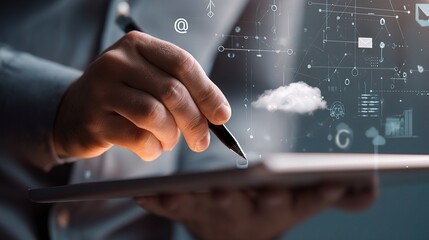 Poster - Man Using Stylus on Tablet with Data Points and Digital Graphics