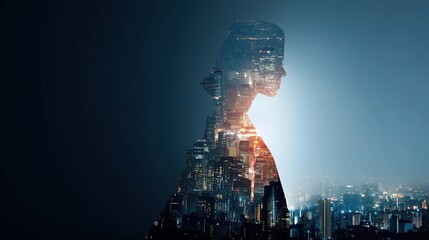 Poster - Woman Silhouette Merged with Urban Landscape at Nighttime Glow