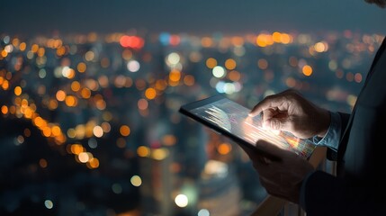 Poster - Executive Using Digital Tablet with City Skyline in Background