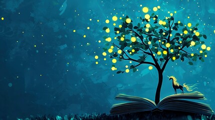 Wall Mural - an open book resting atop a green field beside a tree illuminated with yellow lights and a bird perc