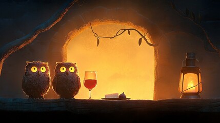 Wall Mural - a pair of owls perched atop a table beside a bottle of wine and a wine glass