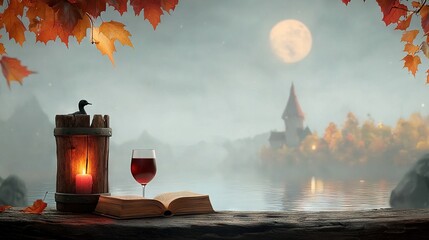 Wall Mural - book, wine, and candle on table by lake, castle in backdrop