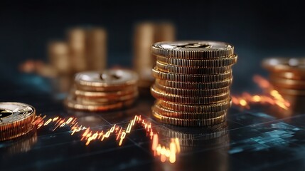 Poster - Stacked Cryptocurrency Coins with Data Visualization Background