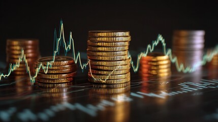 Poster - Stacks of Coins with Holographic Technology Overlay in Dark Setting