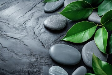 Poster - Elegant Harmony of Grey Stone and Lush Green Leaves in a Minimalistic Setting Evokes Tranquility and Luxury in Modern Design