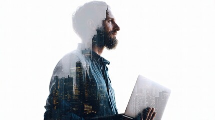 Poster - Bearded Man with Modern Notebook Against City Skyline Background