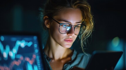 Poster - Professional Woman in Glasses Analyzing Global Investment Trends