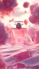 Aufkleber - Floating Elegance Captured in a Dreamy World of Soft Pink Hues, Showcasing a Perfume Bottle in Artistic Brilliance Against a Serene Backdrop